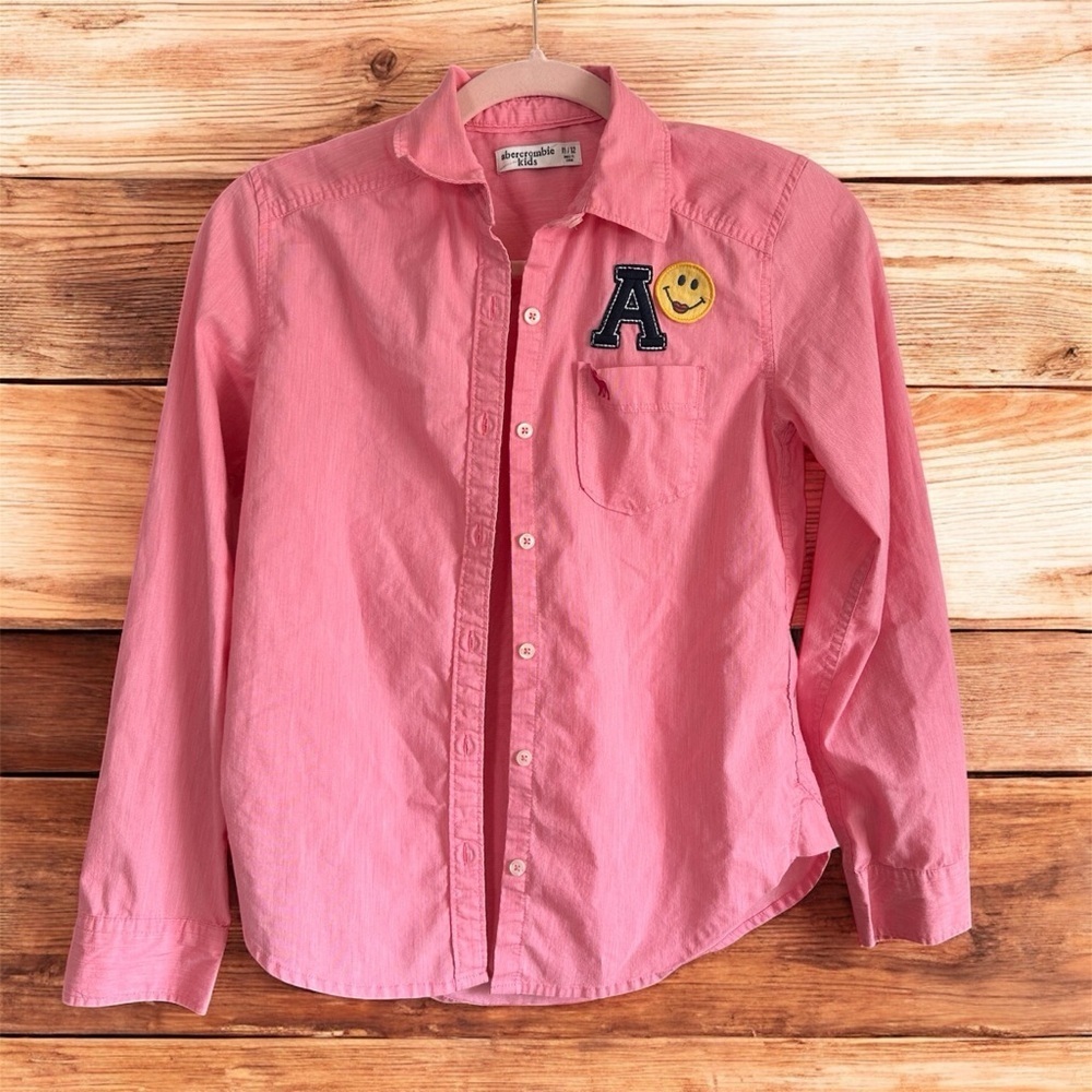Abercrombie Kids Girls 11/12 Pink Button Up with Embroidered Patches Y2K